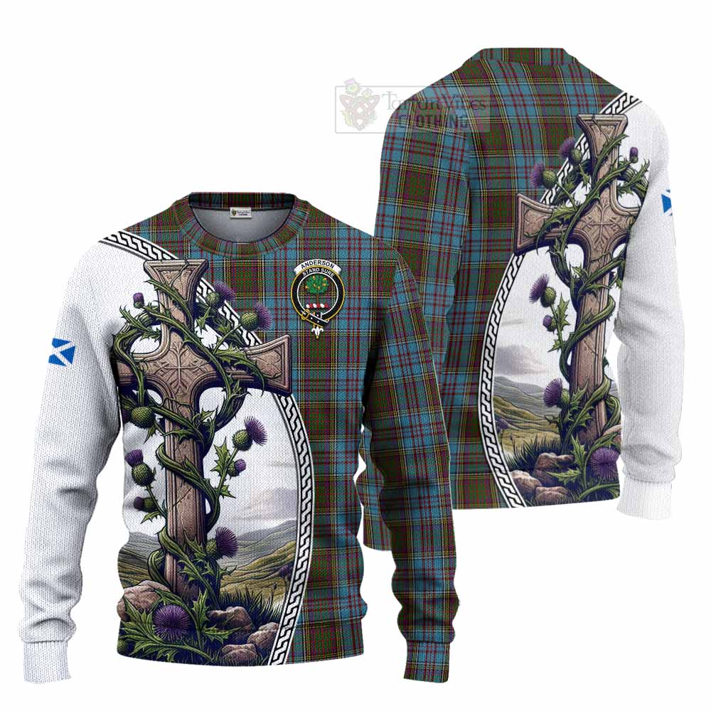 Tartan Vibes Clothing Anderson Tartan Knitted Sweater with Family Crest and St. Andrew's Cross Accented by Thistle Vines