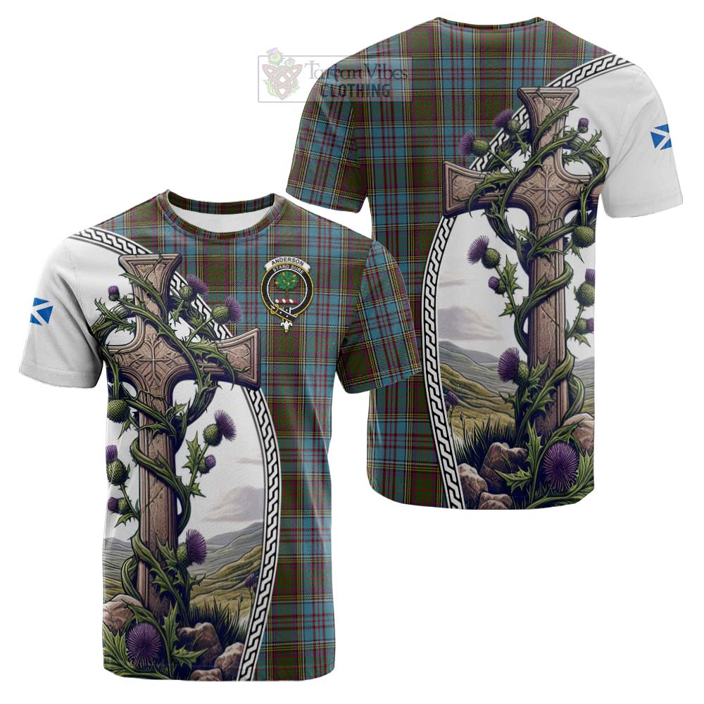 Tartan Vibes Clothing Anderson Tartan Cotton T-shirt with Family Crest and St. Andrew's Cross Accented by Thistle Vines