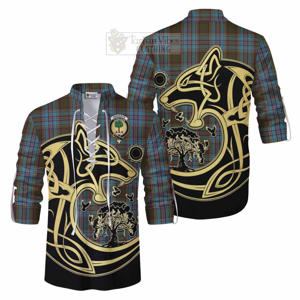 Tartan Vibes Clothing Anderson Tartan Ghillie Kilt Shirt with Family Crest Celtic Wolf Style