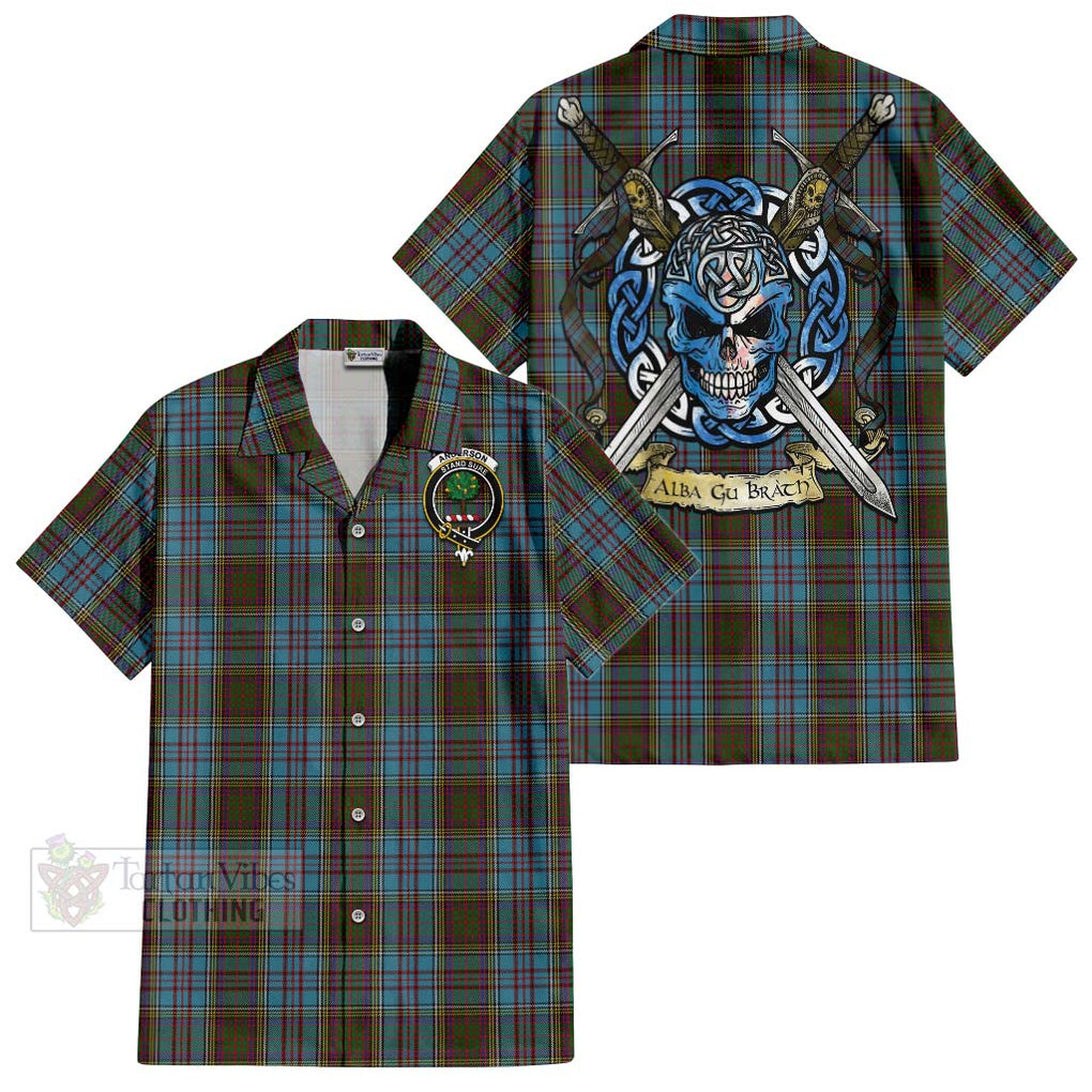 Tartan Vibes Clothing Anderson Tartan Short Sleeve Button Shirt with Family Crest Celtic Skull Style