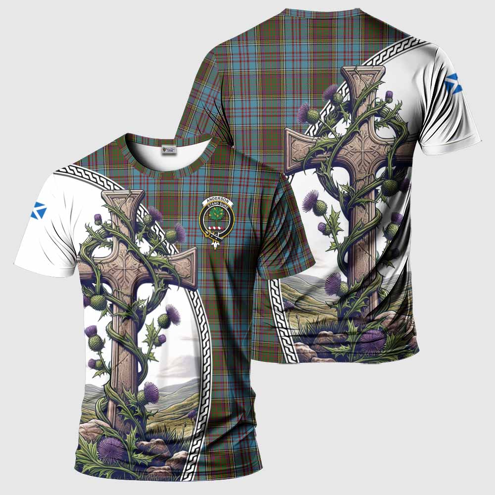 Tartan Vibes Clothing Anderson Agnew Tartan T-Shirt with Family Crest and St. Andrew's Cross Accented by Thistle Vines