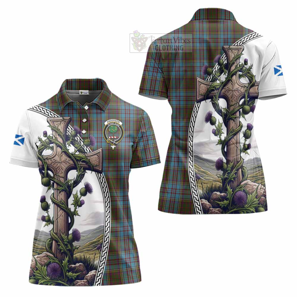 Tartan Vibes Clothing Anderson Tartan Women's Polo Shirt with Family Crest and St. Andrew's Cross Accented by Thistle Vines