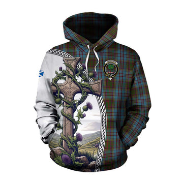 Anderson Tartan Cotton Hoodie with Family Crest and St. Andrew's Cross Accented by Thistle Vines