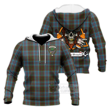 Anderson Tartan Knitted Hoodie with Family Crest and Bearded Skull Holding Bottles of Whiskey