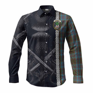 Anderson Tartan Long Sleeve Button Shirt with Family Crest Cross Sword Thistle Celtic Vibes