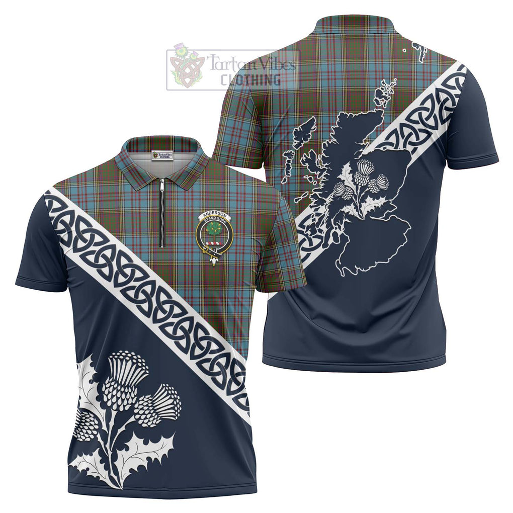 Tartan Vibes Clothing Anderson Tartan Zipper Polo Shirt Featuring Thistle and Scotland Map