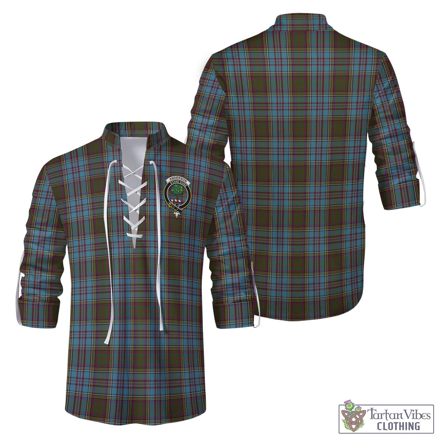 Tartan Vibes Clothing Anderson Tartan Men's Scottish Traditional Jacobite Ghillie Kilt Shirt with Family Crest