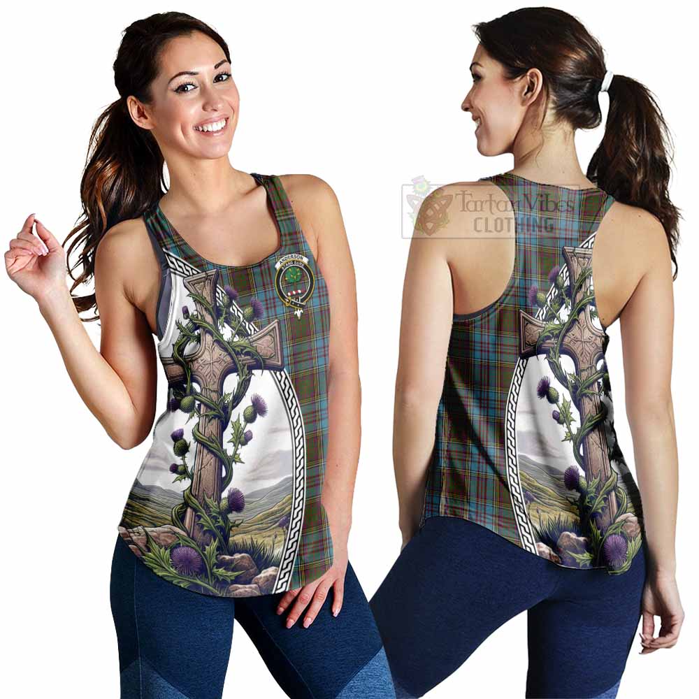 Tartan Vibes Clothing Anderson Tartan Women's Racerback Tanks with Family Crest and St. Andrew's Cross Accented by Thistle Vines