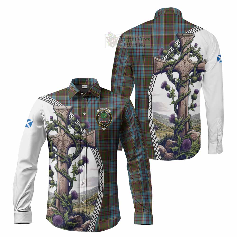 Tartan Vibes Clothing Anderson Tartan Long Sleeve Button Shirt with Family Crest and St. Andrew's Cross Accented by Thistle Vines