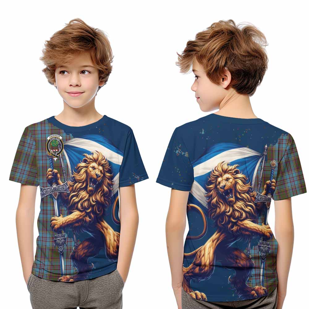 Tartan Vibes Clothing Anderson Tartan Family Crest Kid T-Shirt with Scottish Majestic Lion