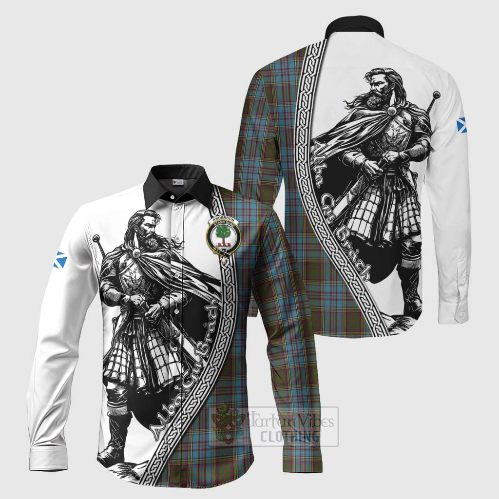 Tartan Vibes Clothing Anderson Tartan Clan Crest Long Sleeve Button Shirt with Highlander Warrior Celtic Style