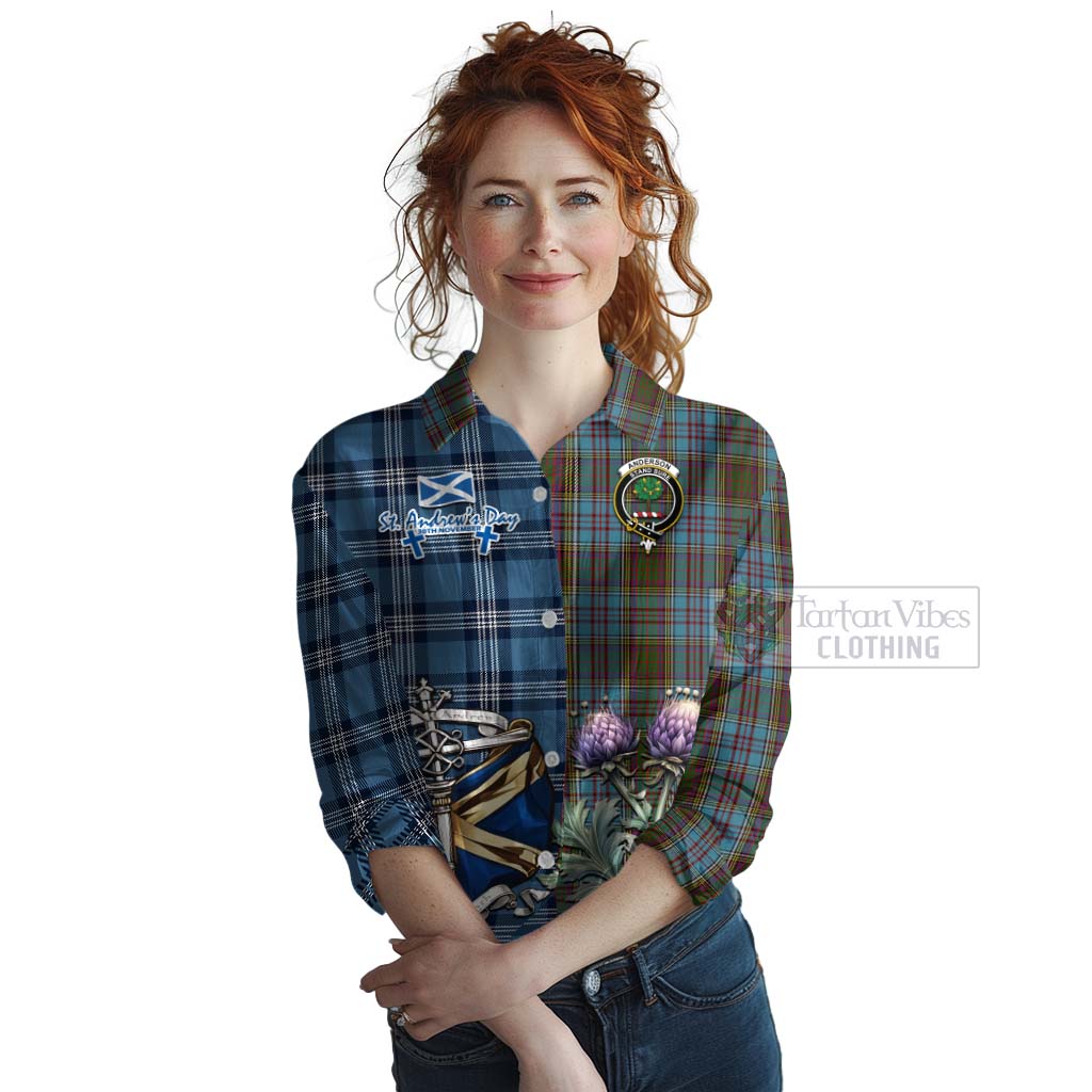 Tartan Vibes Clothing Anderson Tartan Women's Casual Shirt Happy St. Andrew's Day Half Tartan Style