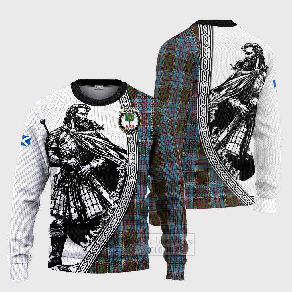 Tartan Vibes Clothing Anderson Tartan Clan Crest Knitted Sweater with Highlander Warrior Celtic Style