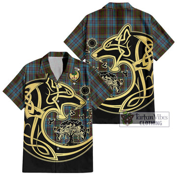 Anderson Tartan Short Sleeve Button Shirt with Family Crest Celtic Wolf Style