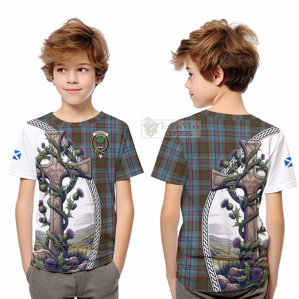 Tartan Vibes Clothing Anderson Tartan Kid T-Shirt with Family Crest and St. Andrew's Cross Accented by Thistle Vines