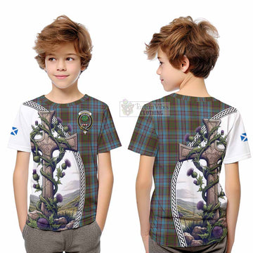 Anderson Tartan Kid T-Shirt with Family Crest and St. Andrew's Cross Accented by Thistle Vines