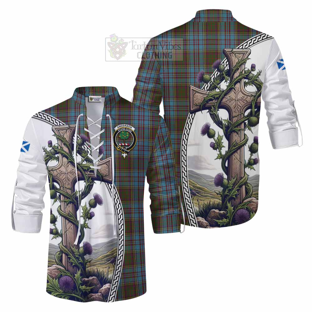 Tartan Vibes Clothing Anderson Tartan Ghillie Kilt Shirt with Family Crest and St. Andrew's Cross Accented by Thistle Vines