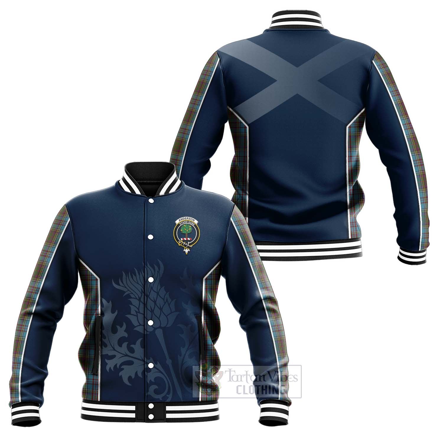 Tartan Vibes Clothing Anderson Tartan Baseball Jacket with Family Crest and Scottish Thistle Vibes Sport Style