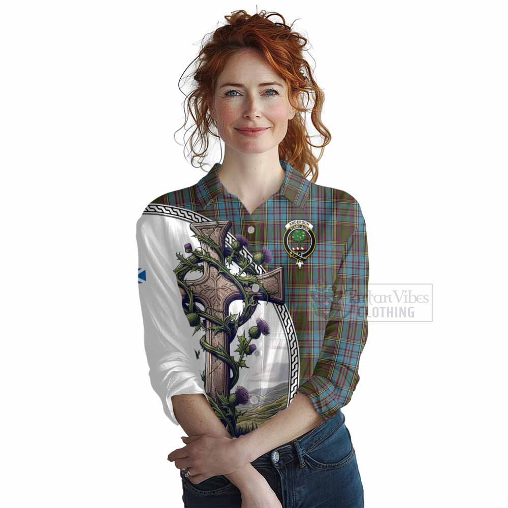 Tartan Vibes Clothing Anderson Tartan Women's Casual Shirt with Family Crest and St. Andrew's Cross Accented by Thistle Vines