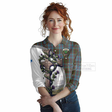 Anderson Tartan Women's Casual Shirt with Family Crest and St. Andrew's Cross Accented by Thistle Vines