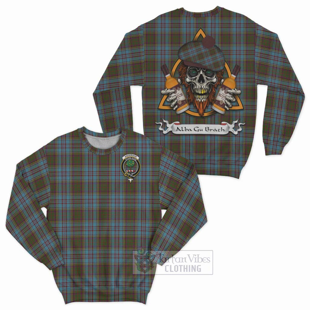 Tartan Vibes Clothing Anderson Tartan Sweatshirt with Family Crest and Bearded Skull Holding Bottles of Whiskey