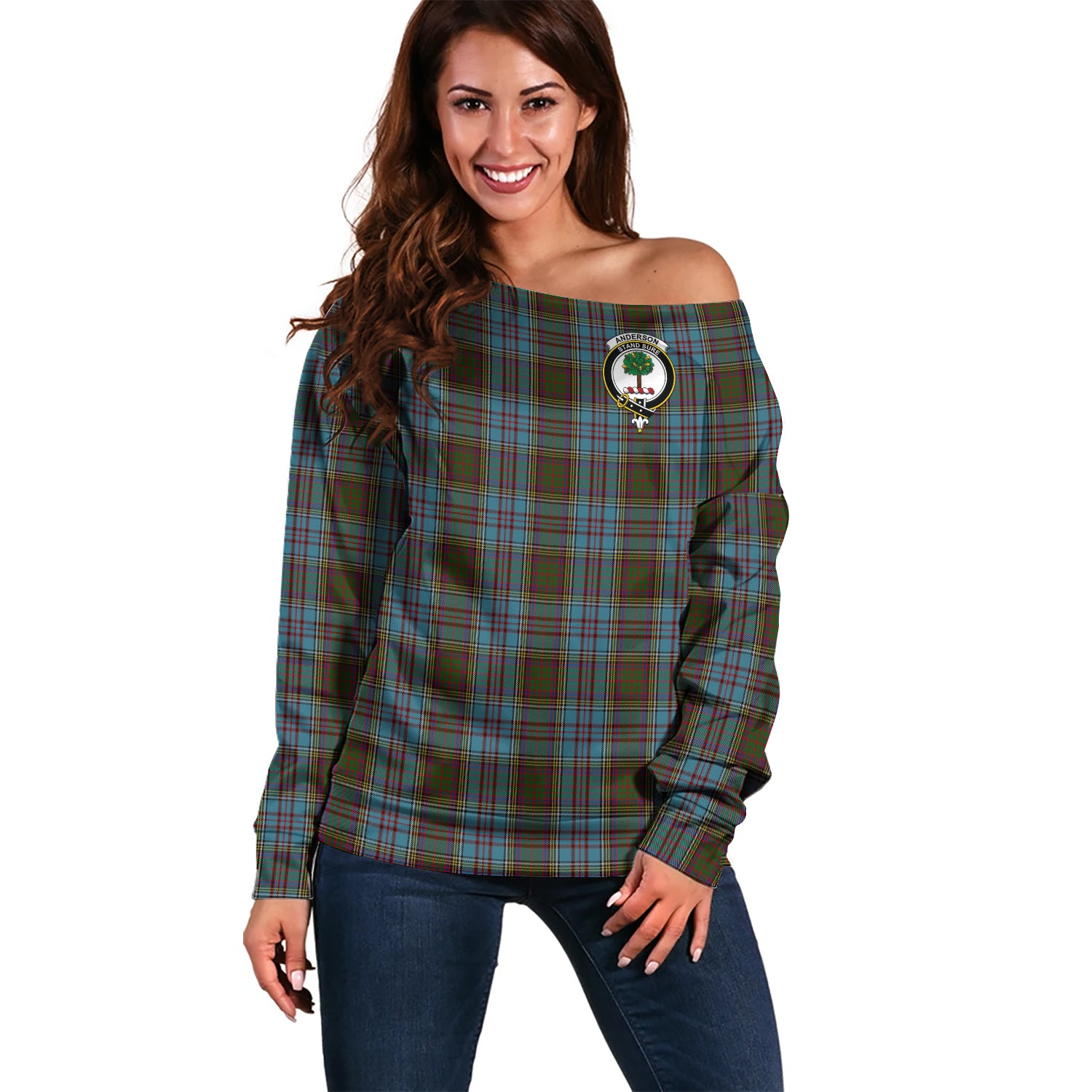 Anderson Tartan Off Shoulder Women Sweater with Family Crest Women - Tartanvibesclothing