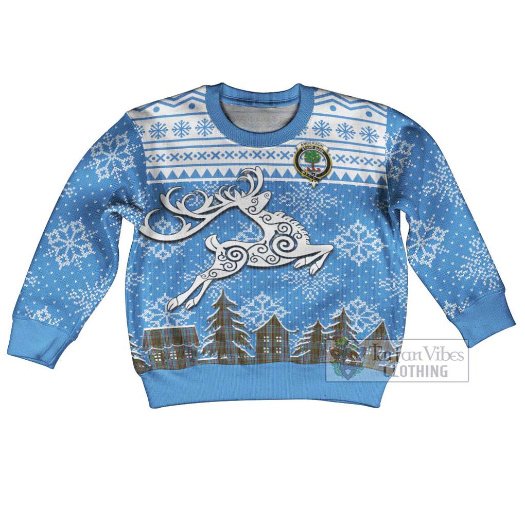 Tartan Vibes Clothing Anderson Clan Christmas Kid Ugly Sweater with Tartan and Celtic Raindeer Style