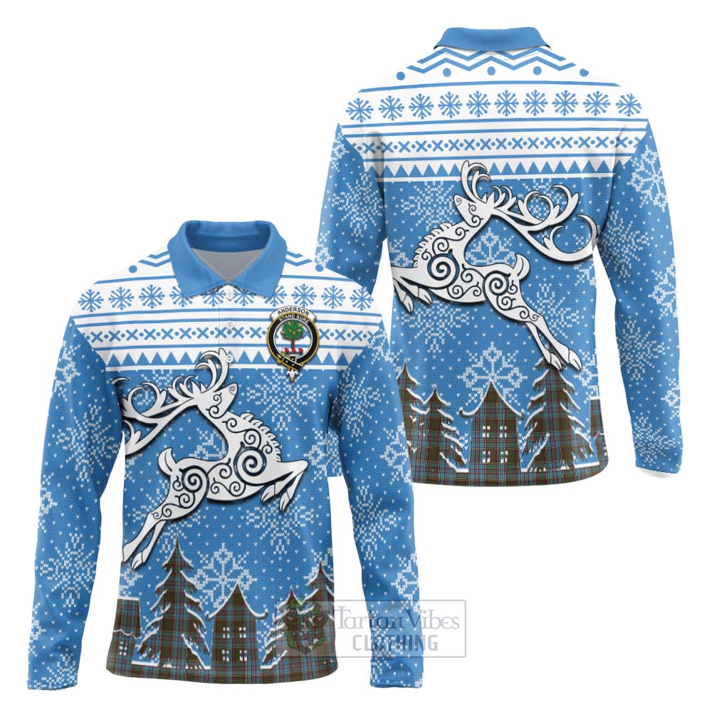 Tartan Vibes Clothing Anderson Clan Christmas Long Sleeve Polo Shirt Celtic Reindeer Style