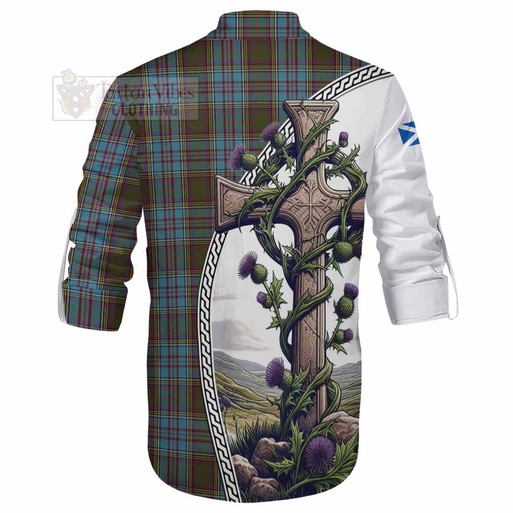 Tartan Vibes Clothing Anderson Tartan Ghillie Kilt Shirt with Family Crest and St. Andrew's Cross Accented by Thistle Vines