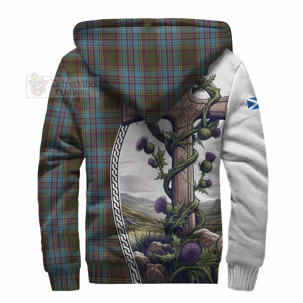 Tartan Vibes Clothing Anderson Tartan Sherpa Hoodie with Family Crest and St. Andrew's Cross Accented by Thistle Vines