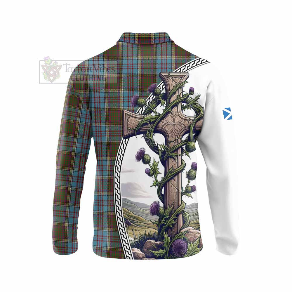 Tartan Vibes Clothing Anderson Tartan Long Sleeve Polo Shirt with Family Crest and St. Andrew's Cross Accented by Thistle Vines