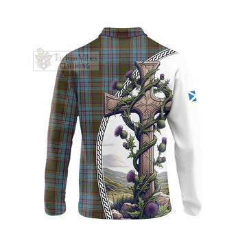 Anderson Tartan Long Sleeve Polo Shirt with Family Crest and St. Andrew's Cross Accented by Thistle Vines