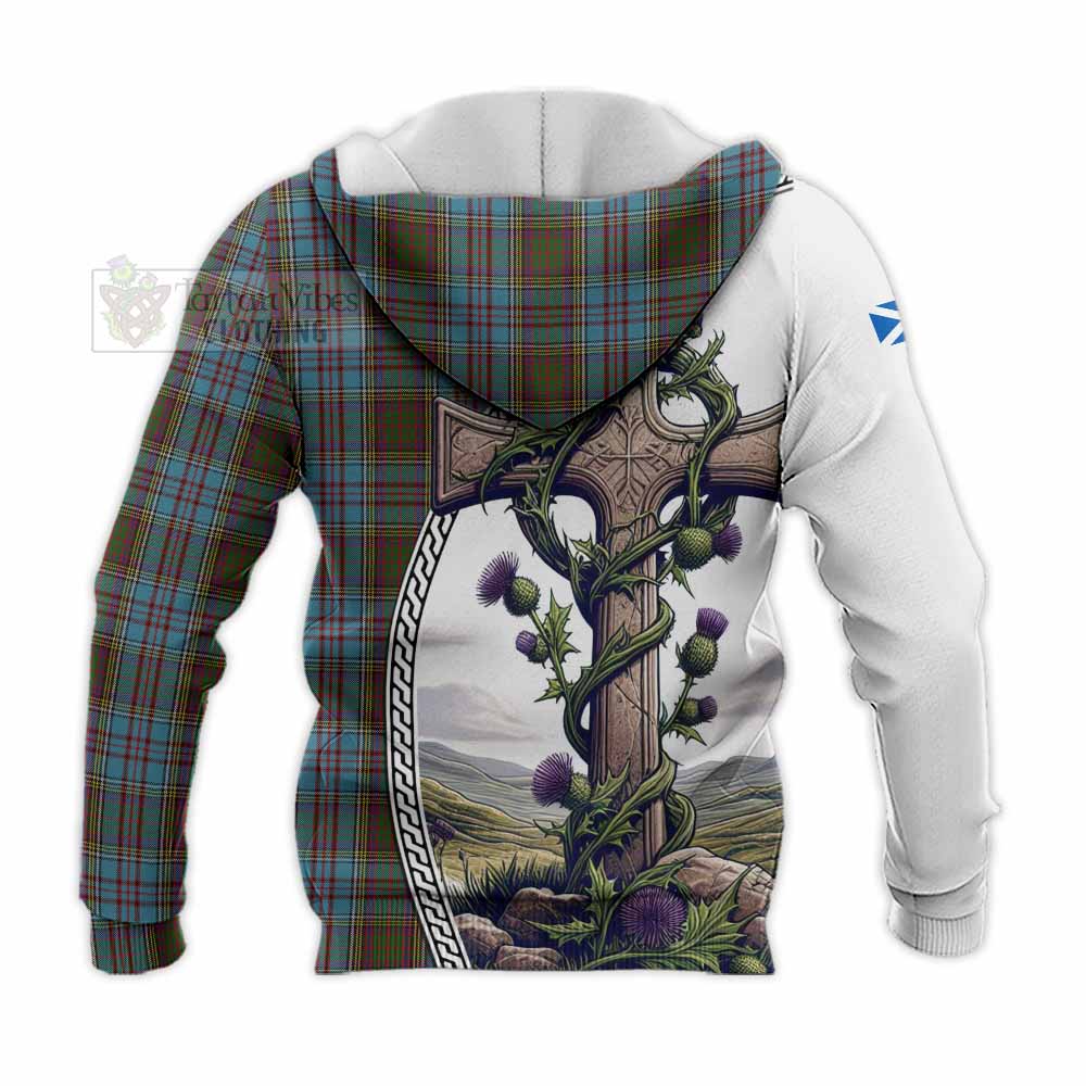 Tartan Vibes Clothing Anderson Tartan Knitted Hoodie with Family Crest and St. Andrew's Cross Accented by Thistle Vines