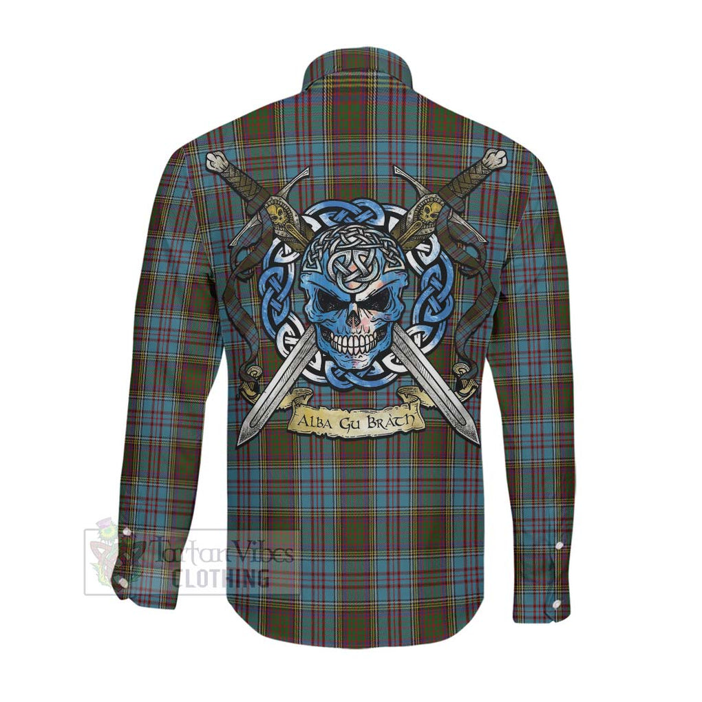 Tartan Vibes Clothing Anderson Tartan Long Sleeve Button Shirt with Family Crest Celtic Skull Style