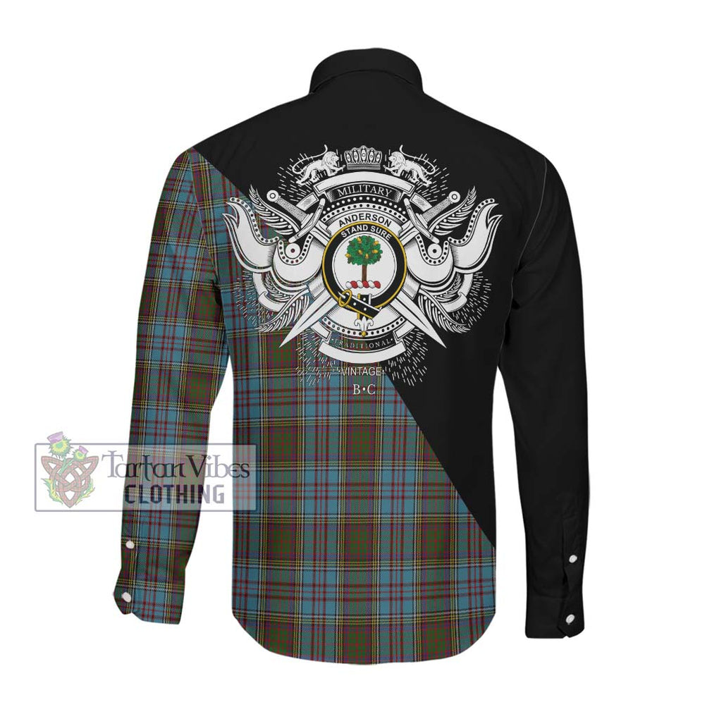 Anderson Tartan Long Sleeve Button Shirt with Family Crest and Military Logo Style Men's Shirt - Tartanvibesclothing Shop