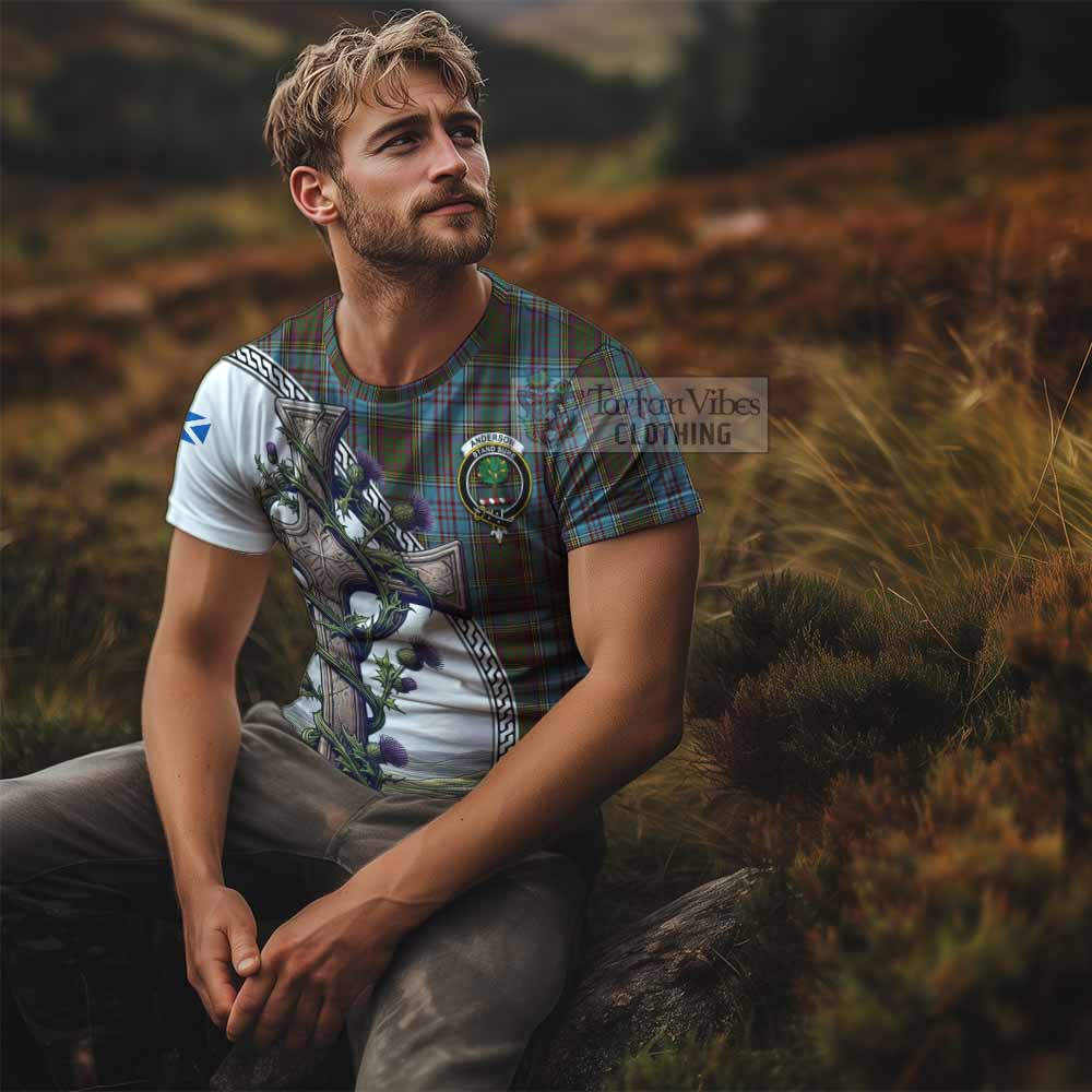 Tartan Vibes Clothing Anderson Agnew Tartan T-Shirt with Family Crest and St. Andrew's Cross Accented by Thistle Vines