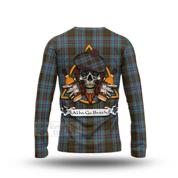 Anderson Tartan Long Sleeve T-Shirt with Family Crest and Bearded Skull Holding Bottles of Whiskey