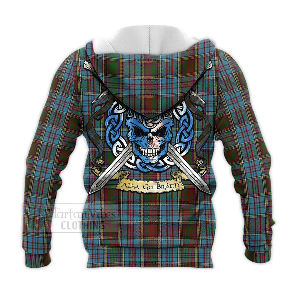 Tartan Vibes Clothing Anderson Tartan Knitted Hoodie with Family Crest Celtic Skull Style