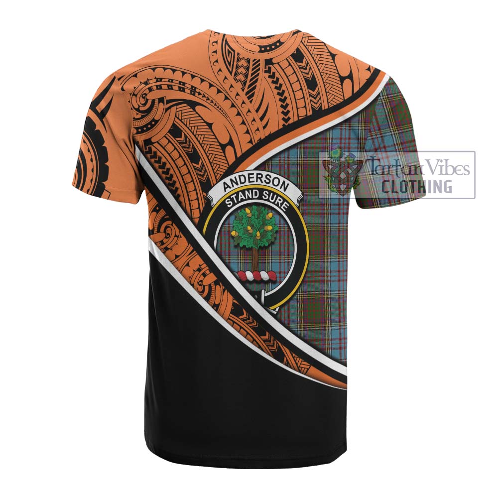 Tartan Vibes Clothing Anderson Crest Tartan Cotton T-shirt with Maori Tattoo Style - Orange Version