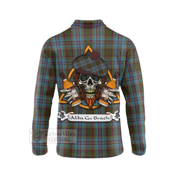 Anderson Tartan Long Sleeve Polo Shirt with Family Crest and Bearded Skull Holding Bottles of Whiskey