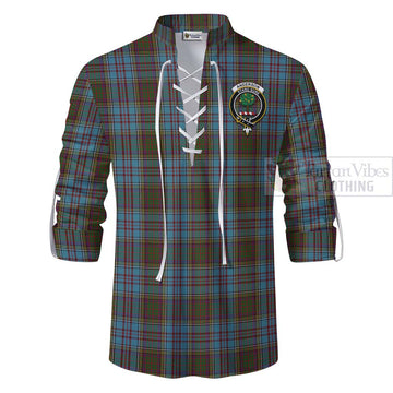 Anderson Tartan Ghillie Kilt Shirt with Family Crest and Bearded Skull Holding Bottles of Whiskey