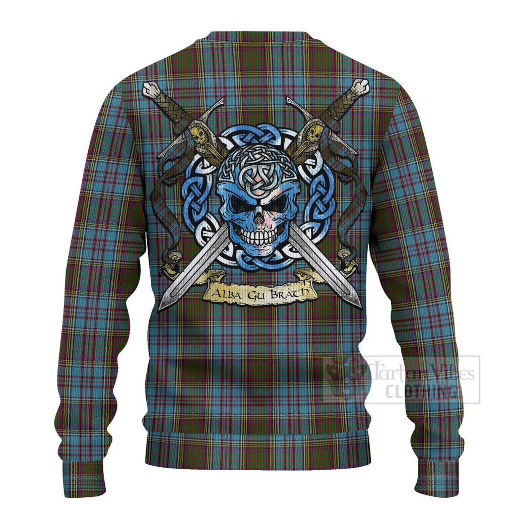 Tartan Vibes Clothing Anderson Tartan Knitted Sweater with Family Crest Celtic Skull Style