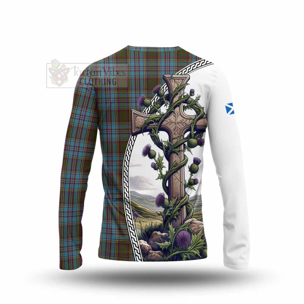 Tartan Vibes Clothing Anderson Tartan Long Sleeve T-Shirt with Family Crest and St. Andrew's Cross Accented by Thistle Vines