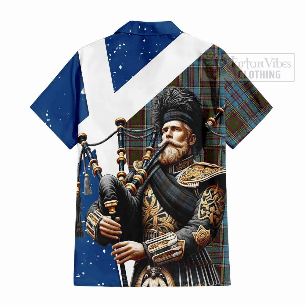 Tartan Vibes Clothing Anderson Tartan Short Sleeve Button Shirt with Family Crest Scottish Bagpiper Vibes