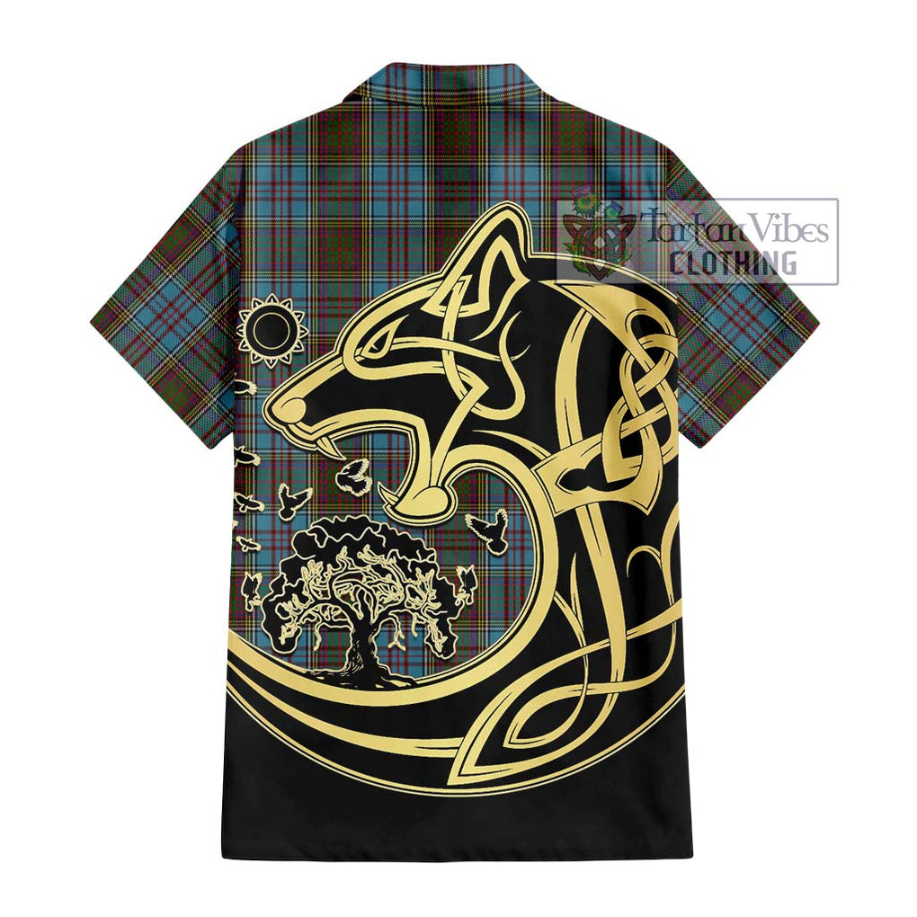 Anderson Tartan Short Sleeve Button Shirt with Family Crest Celtic Wolf Style - Tartan Vibes Clothing