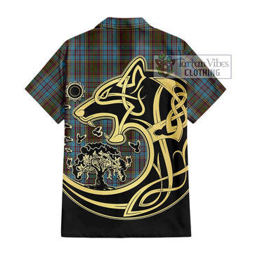 Anderson Tartan Short Sleeve Button Shirt with Family Crest Celtic Wolf Style