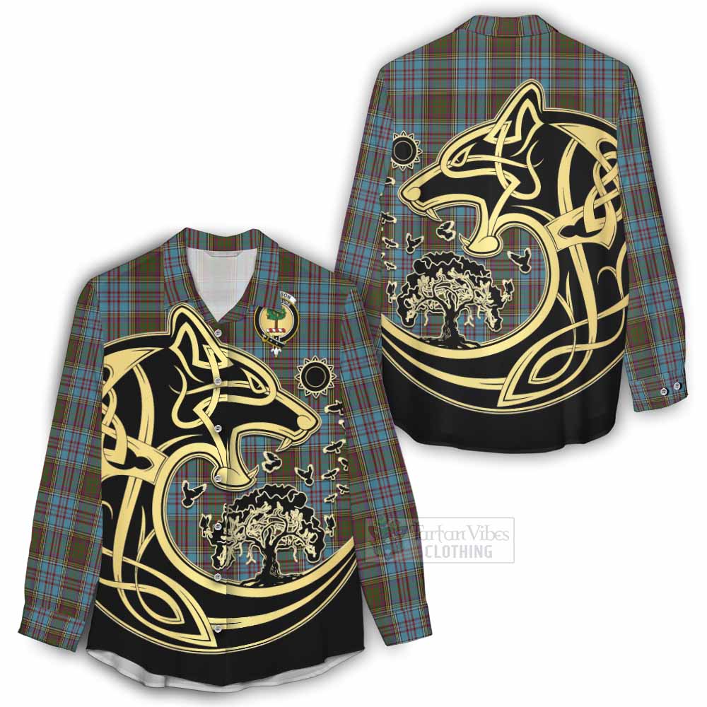 Tartan Vibes Clothing Anderson Tartan Women's Casual Shirt with Family Crest Celtic Wolf Style