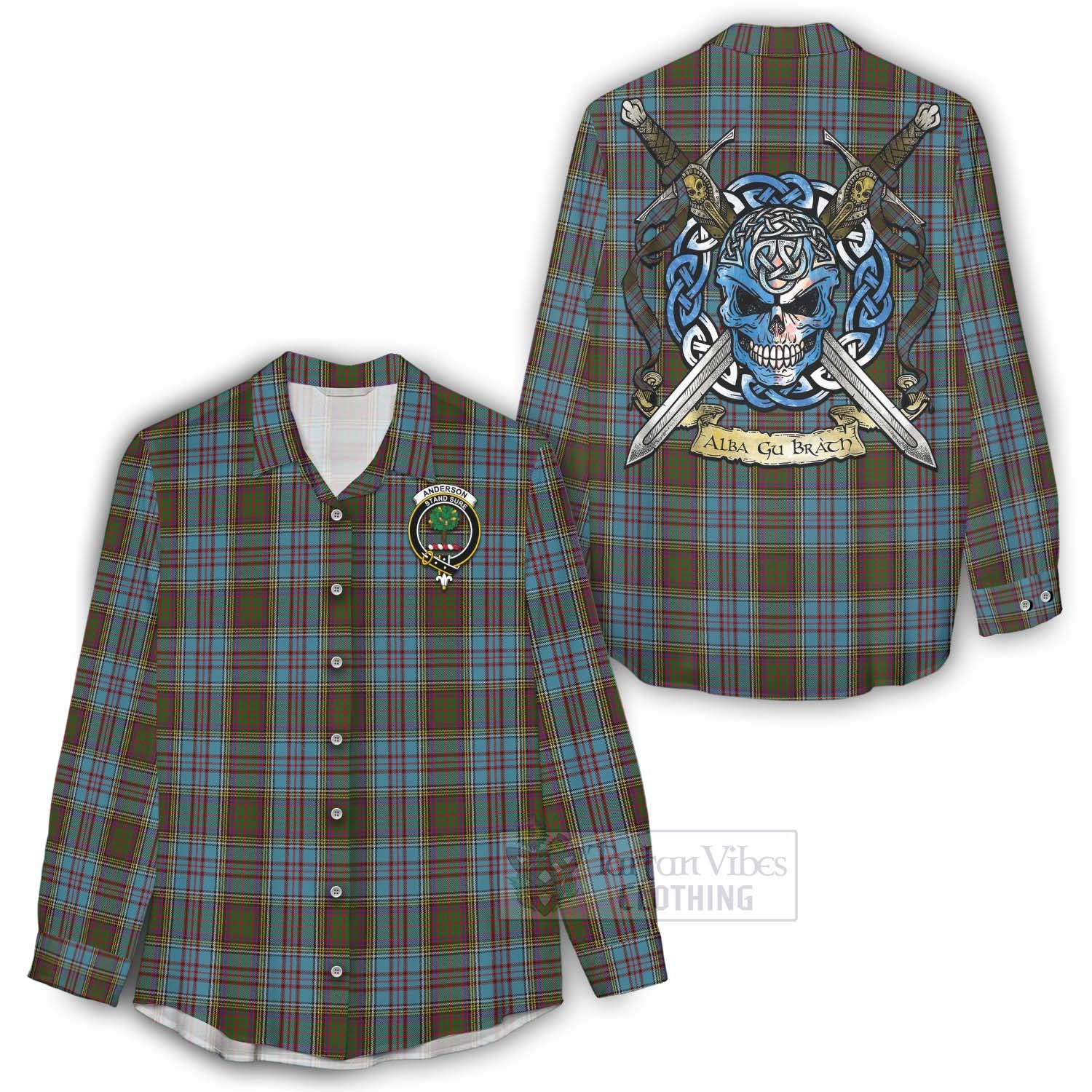 Tartan Vibes Clothing Anderson Tartan Women's Casual Shirt with Family Crest Celtic Skull Style