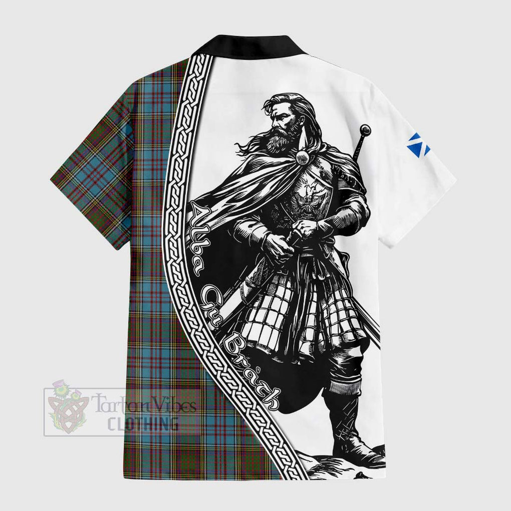 Tartan Vibes Clothing Anderson Tartan Clan Crest Short Sleeve Button Shirt with Highlander Warrior Celtic Style