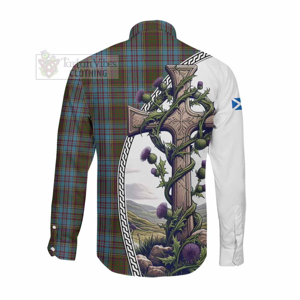 Tartan Vibes Clothing Anderson Tartan Long Sleeve Button Shirt with Family Crest and St. Andrew's Cross Accented by Thistle Vines